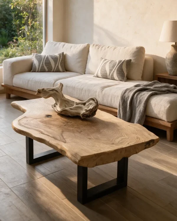 Mesa de centro artesanal de madera maciza con patas metálicas negras